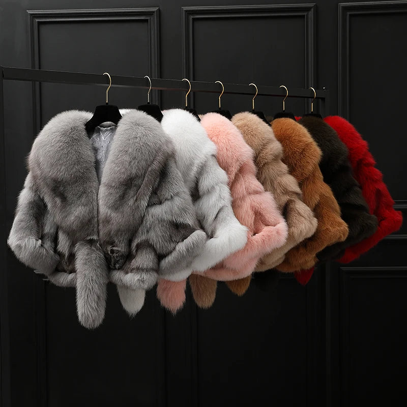 Winter Cloak Warm Women Cardigan big real Fox Fur Collar Cape Fashion Solid Poncho With medium Fur Sleeves Evening dress shaw