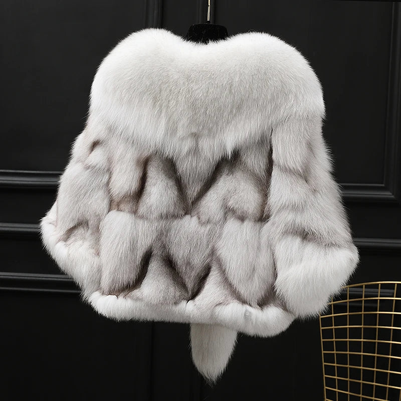 Winter Cloak Warm Women Cardigan big real Fox Fur Collar Cape Fashion Solid Poncho With medium Fur Sleeves Evening dress shaw