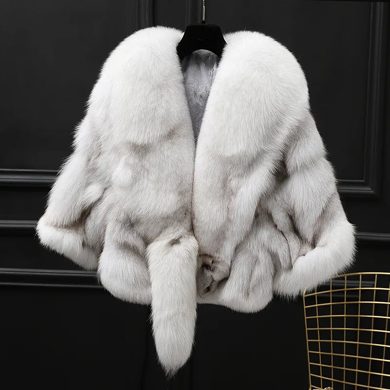 Winter Cloak Warm Women Cardigan big real Fox Fur Collar Cape Fashion Solid Poncho With medium Fur Sleeves Evening dress shaw