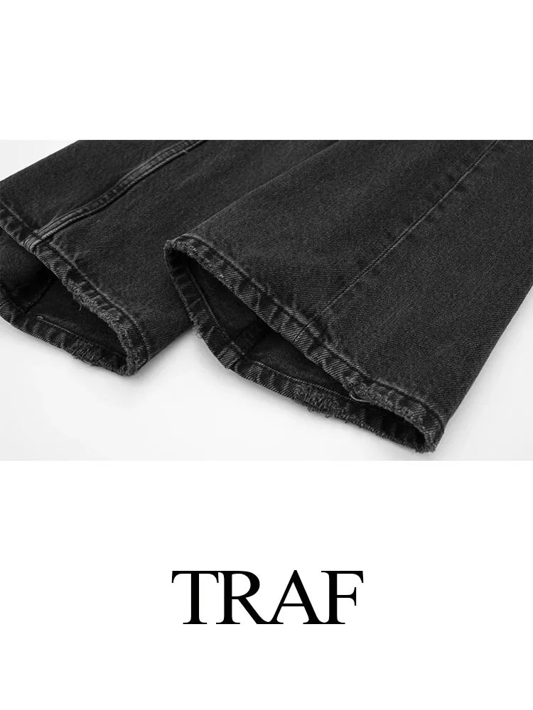 TRAF Women Fashion Jeans 2023 Denim Solid Loose Long Pants Woman With Gradient Versatile Casual Streetwear Mujer Trousers