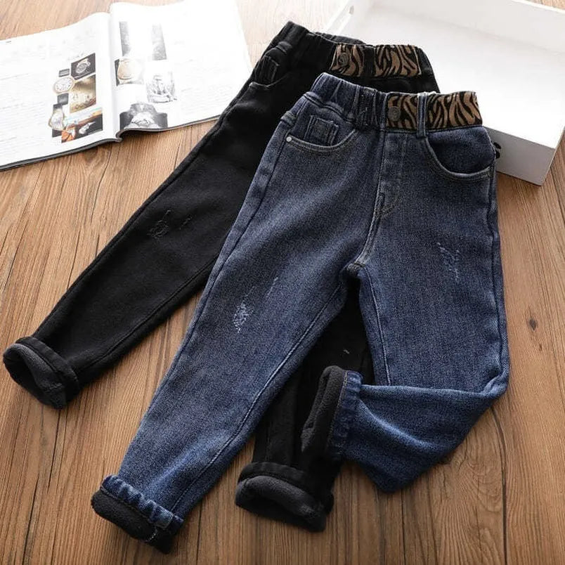 Winter Kids Girls Jeans Slim Casual Pants Black Blue Denim Fleece Thermal Straight Trousers For Children Versatile Stretch Jeans