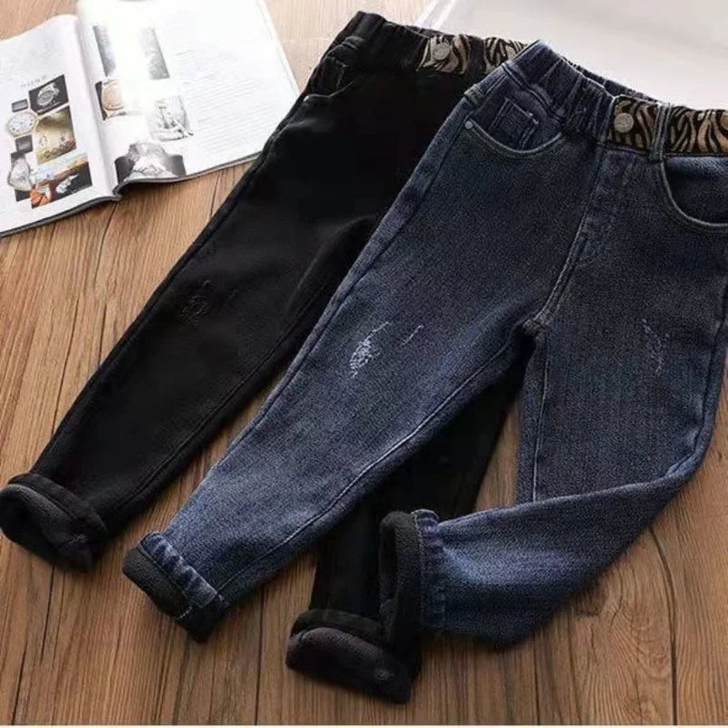 Winter Kids Girls Jeans Slim Casual Pants Black Blue Denim Fleece Thermal Straight Trousers For Children Versatile Stretch Jeans