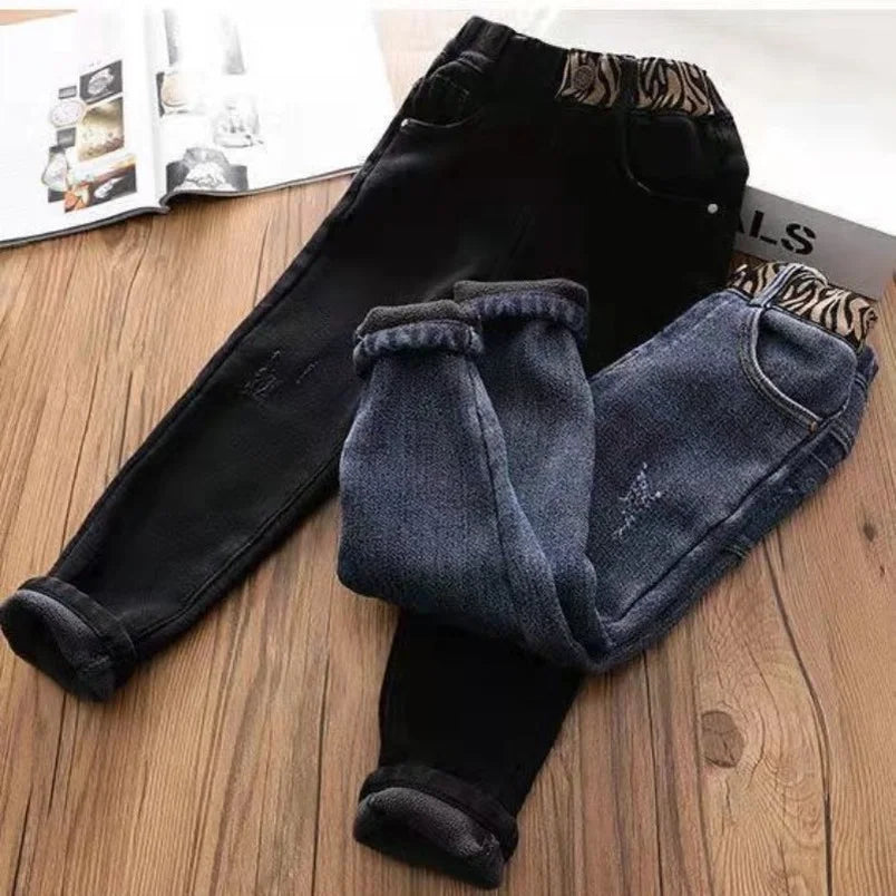 Winter Kids Girls Jeans Slim Casual Pants Black Blue Denim Fleece Thermal Straight Trousers For Children Versatile Stretch Jeans